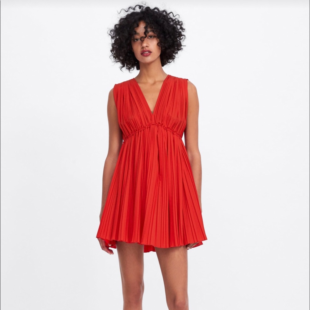 Zara Red Pleated Poplin Dress